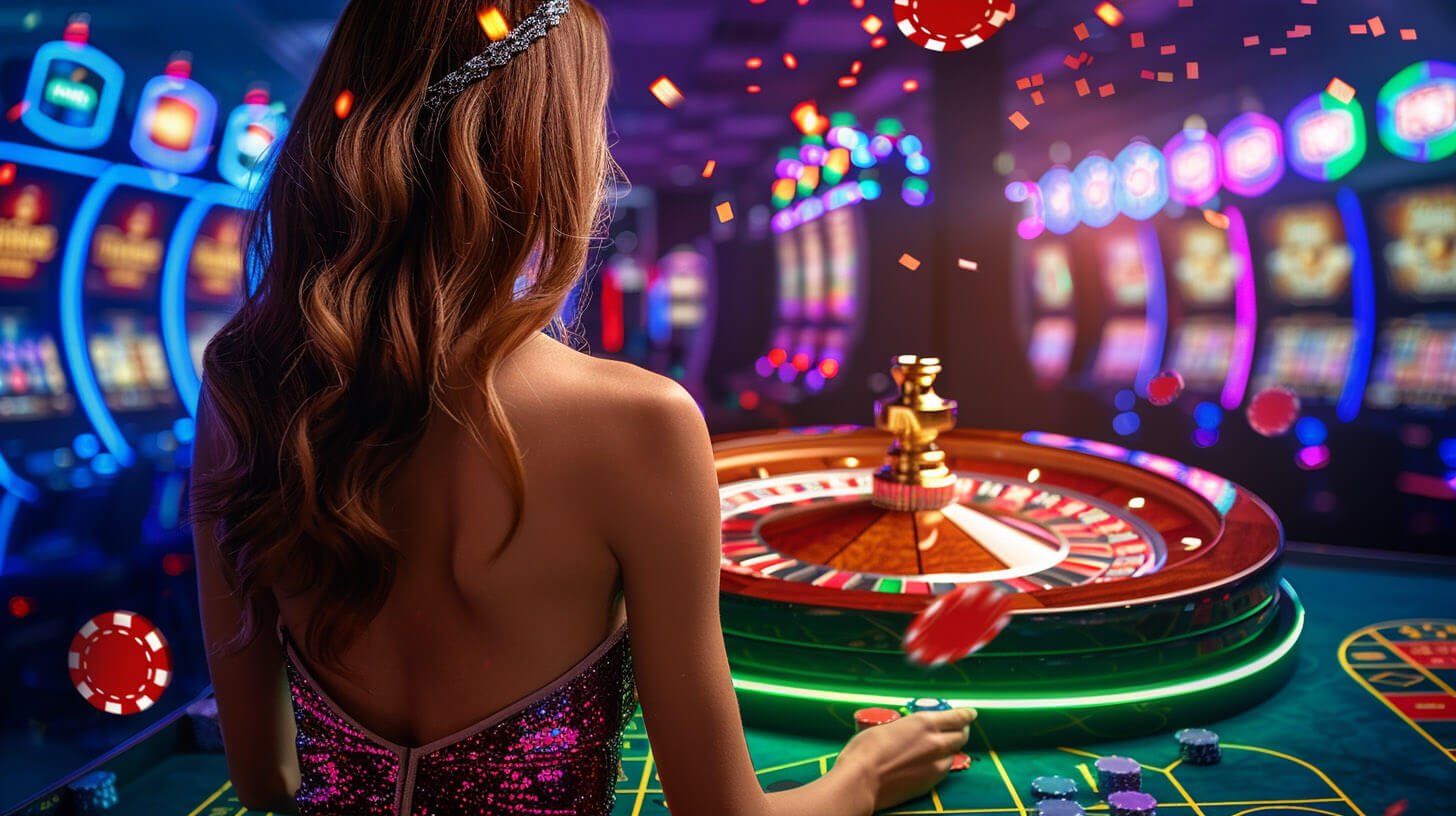 Roulette dealer langsung di platform kck slot dengan roda dan meja permainan terlihat jelas